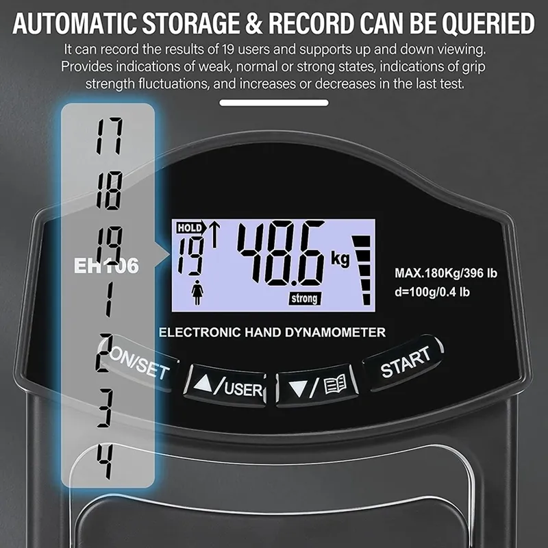 Gripsterkte tester 396lbs180kg digitale handdynamometer Grip Sterkte Meter USB LCD -scherm Hand Grip Dynamometer 220713