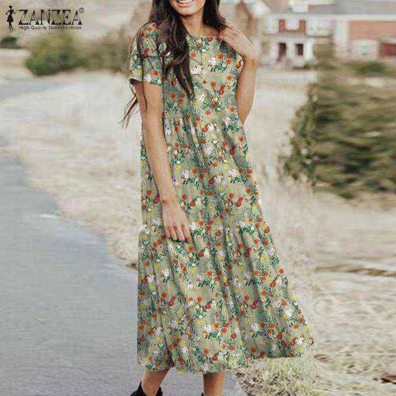 Bohemian Frauen Sommer Floral Bedruckte Kleid ZANZEA Casual O Hals Kurzarm Strand Sommerkleid Vintage Rüschen Mid-kalb Vestidos g220510