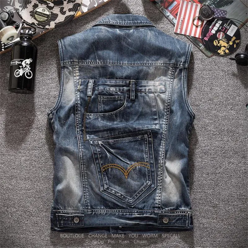 Groot formaat herfstproduct Waistcoat Motorcycle denim vest heren patch grote pocket tooling 220713