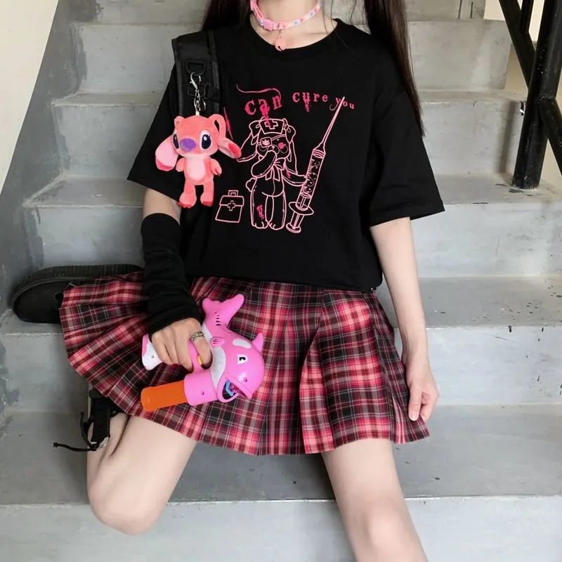 Streetwear HARAJUKU Summer punkowy T koszule Kobiety z krótkim rękawem Korea Cartoon Vintage Black Tees TOP Y2K 220602