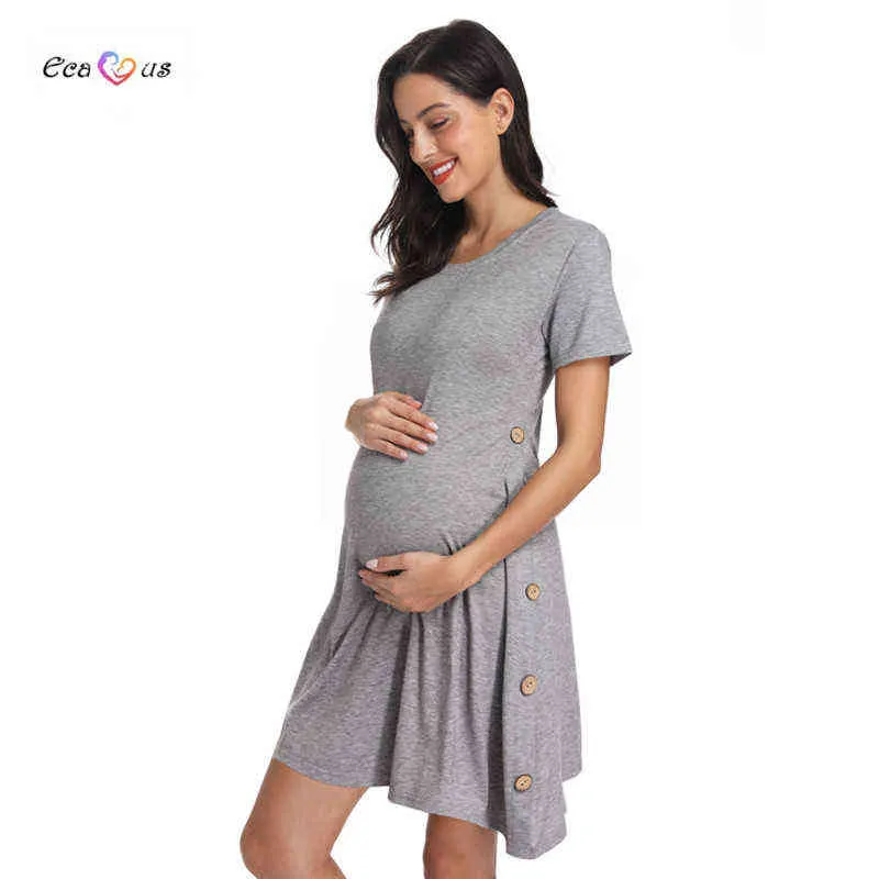 女性用半袖Tシャツマタニティドレスカジュアルスイングル​​ーズチュニックマタニティ服ボタン非対称妊娠ドレスG220309