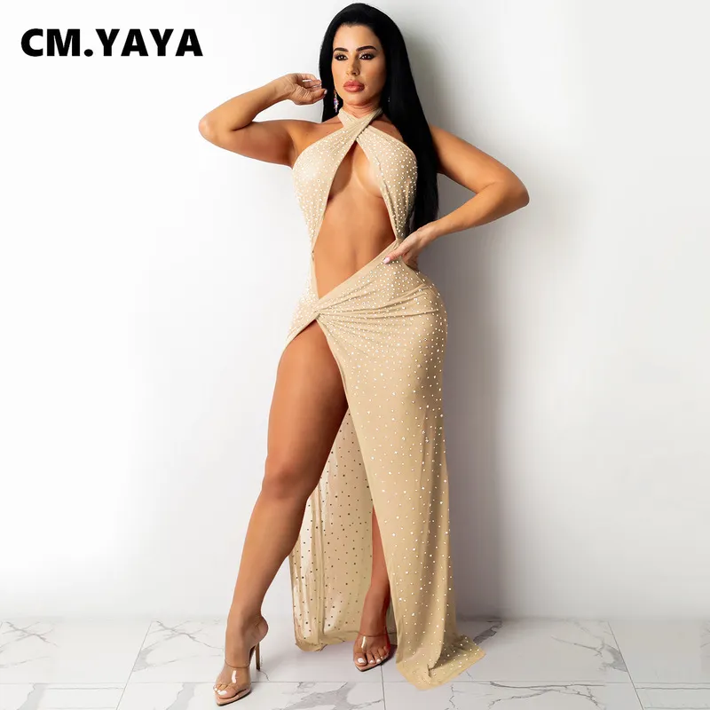 Cm.yaya Women Withonstones Halter Neck Sexy Slit Sexy Maxi Dress Sepe See Come Ins Sexy Party осень зимняя платья 220506