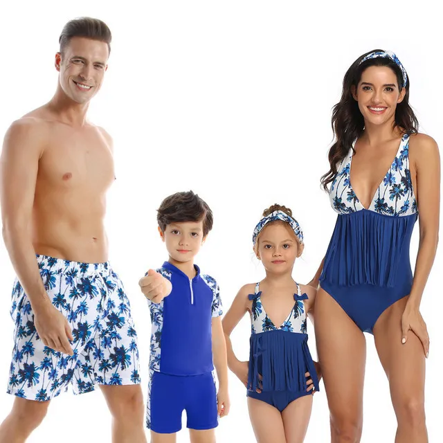 عائلة مطابقة ملابس السباحة أمي ابنة تاسيل ليف الأزرق بيكيني أبي الابن بدلة الاستحمام النساء الرجال الأزواج ملابس الفتيات السباحة 220531