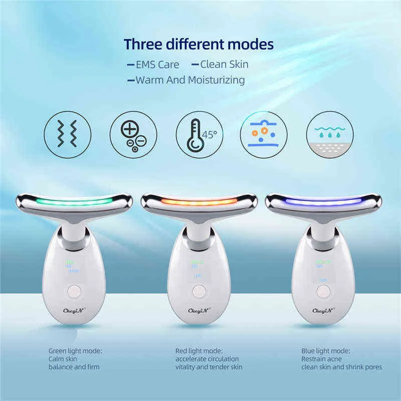 CkeyiN Neck Face Lifting Tool Massager LED Photon EMS Thermal Micro-current Massage Wrinkle Remover Anti Aging Remove Lines 220520