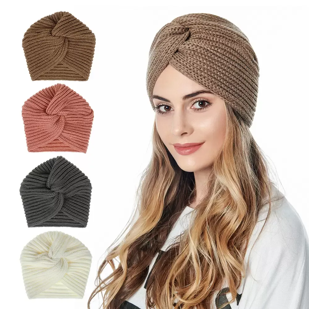 Women Knot Twist Turban pannband Cap Autumn Winter Warm Headwear Casual Streetwear Kvinna Muslimska indiska hattar