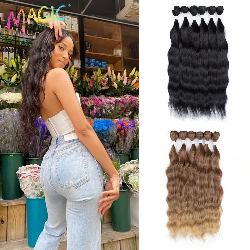 Cheveux synthétiques magiques 20 pouces Nature Wave Bundles de cheveux Extensions de couleur noire Résistant à la chaleur Brins de cheveux Tresses 0618