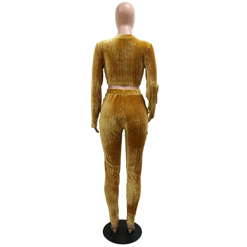 2 pants مجموعات للنساء ملابس المخملية الصفراء الصلبة قمم طويلة سراويل طويلة bodycon نحيفة مثيرة أنيقة ليلة المساء مجموعات 220511