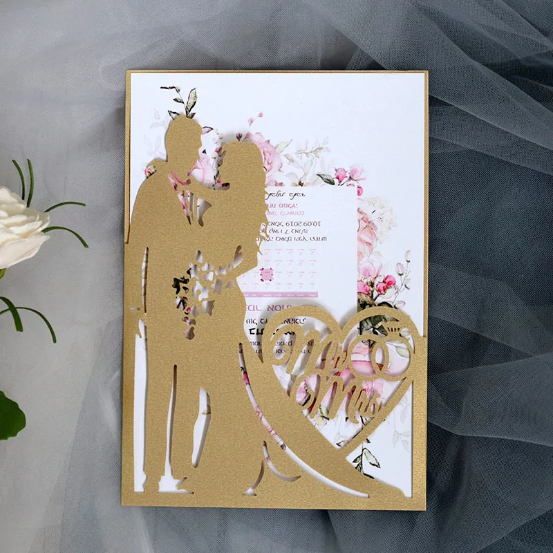 lot Laser Cut Navy Bride Groom Wedding Invitation Love Heart Customized Print Greeting Engagement Card IC155 220711