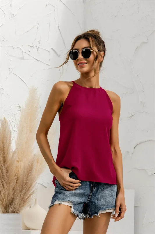 Vrouwen zomer t-shirt mouwloze halter effen kleur tank top vrouwelijke herfst sexy blouse dames chique jonge tees C2473 220318