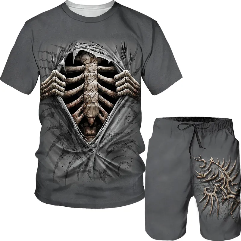 Sommermode Mann Sets Schädel T-Shirt Shorts Trainingsanzug 2 Stück Outfits 3D Cool Kurzarm Bluse Herrenbekleidung Streetwear 220726