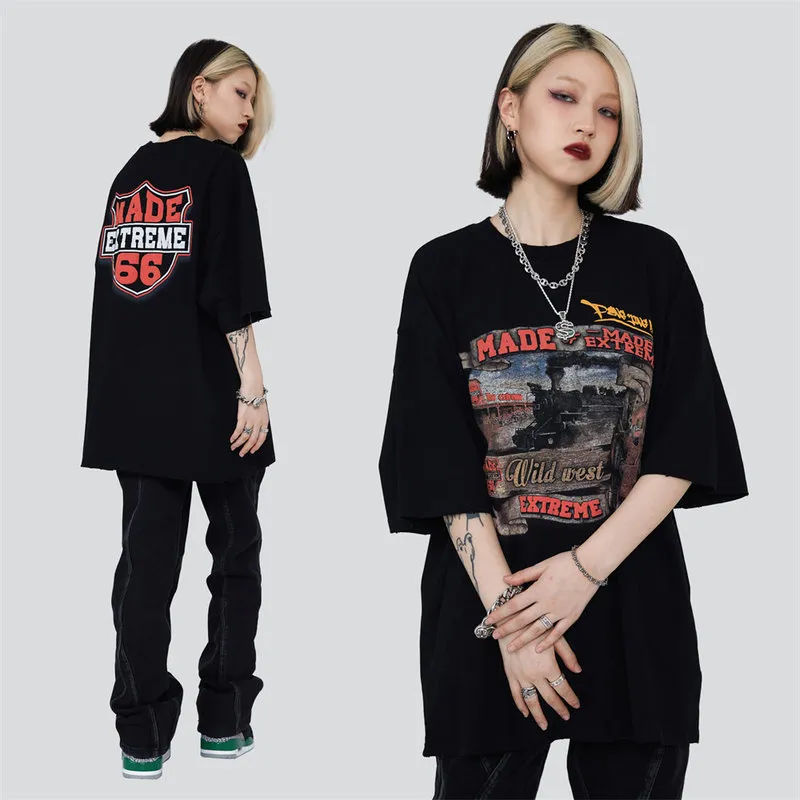 대형 T 셔츠 빈티지 고스 펑크 프린트 세탁 조난 O-Neck Cotton Tops Harajuku Streetwear Casual Summer Men 티셔츠