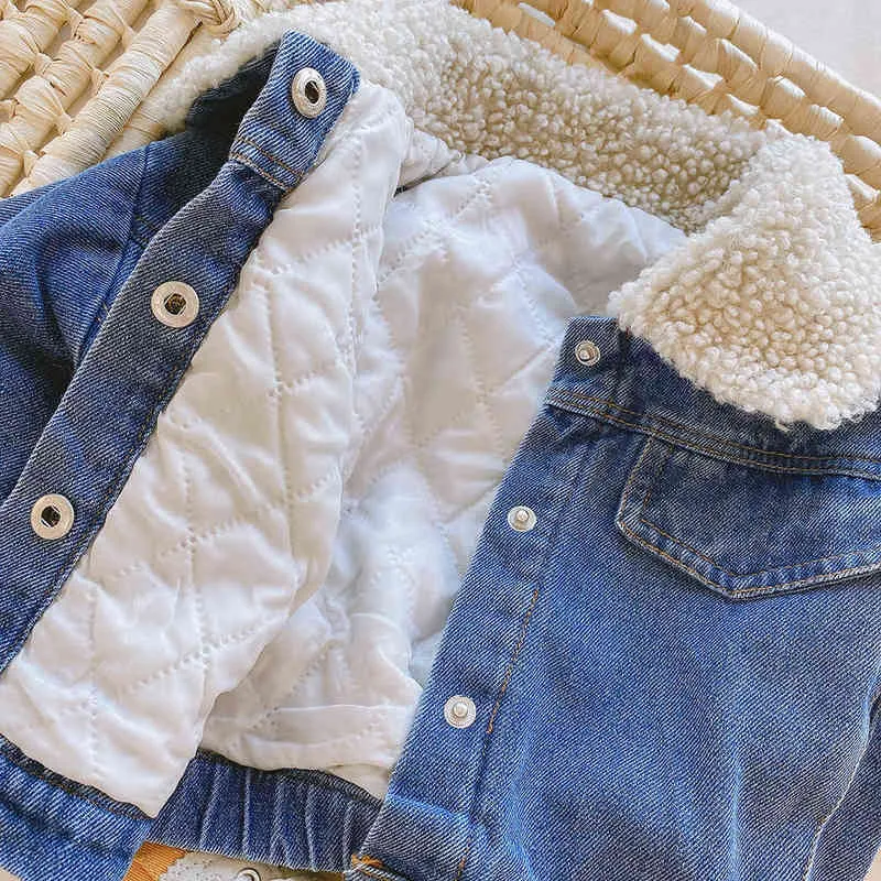 Vinterjacka för flickor pojkar hösten tjockare jeans jacka barndrens kläder varm mode baby denim jackor 1-6y j220718