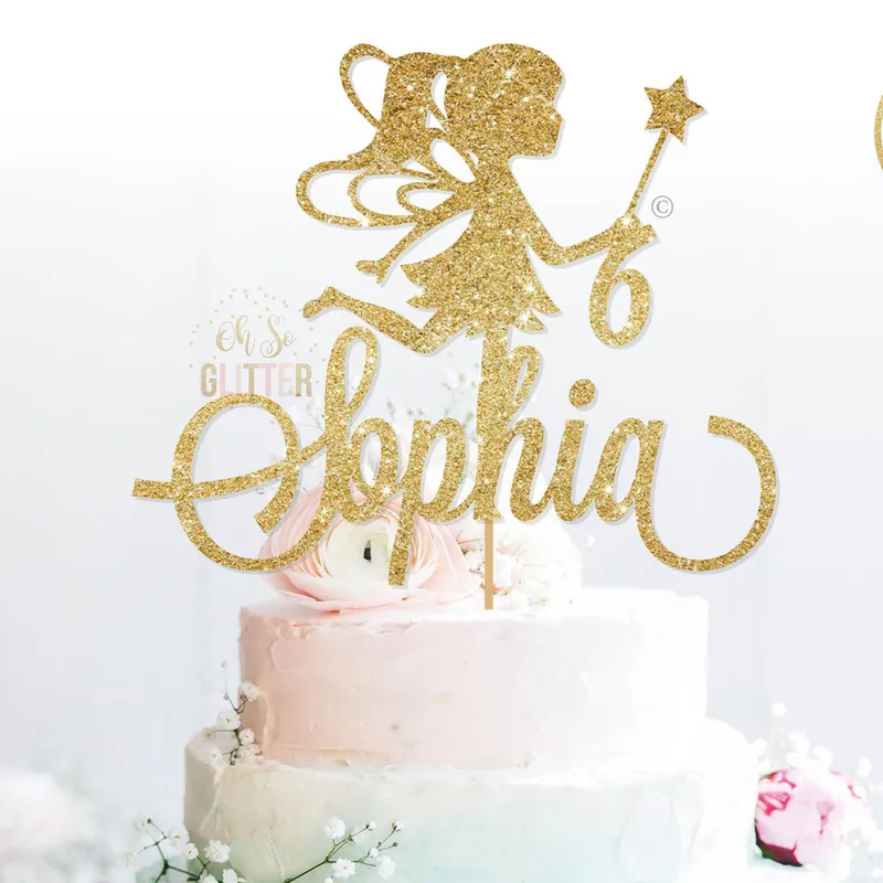 Custom Fairy Birthday Party cake topper, Fairy cup gold glitter cake topper,Personalized Party Decor For Birthday cake topper1