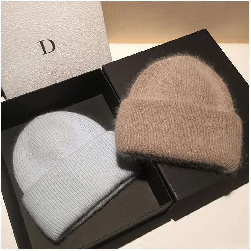 Beanie Skull Caps Winter Real Fur Knitted Hat For Women Fashion Luxury Hats Solid Color Warm Cashmere Wool Beanie Female Fold Thic264I