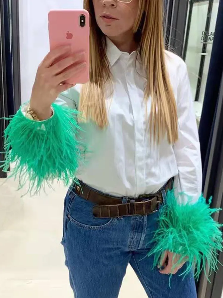 PUWD Elegant Women Cuff Stitching Green Furry White Shirt Spring Patchwork Chic Blouse Vintage Loose Female Tops 220513