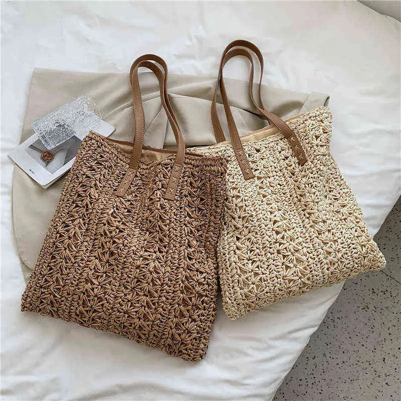 Solsas Shopping Shopper Verão Tecido Mulheres Bolsas Palha Casual Praia Senhoras Tote Bolsas Coreanas Bolsas De Ombro Feminino Bolsas De Ombro Hollow Menina Dolhas 220318