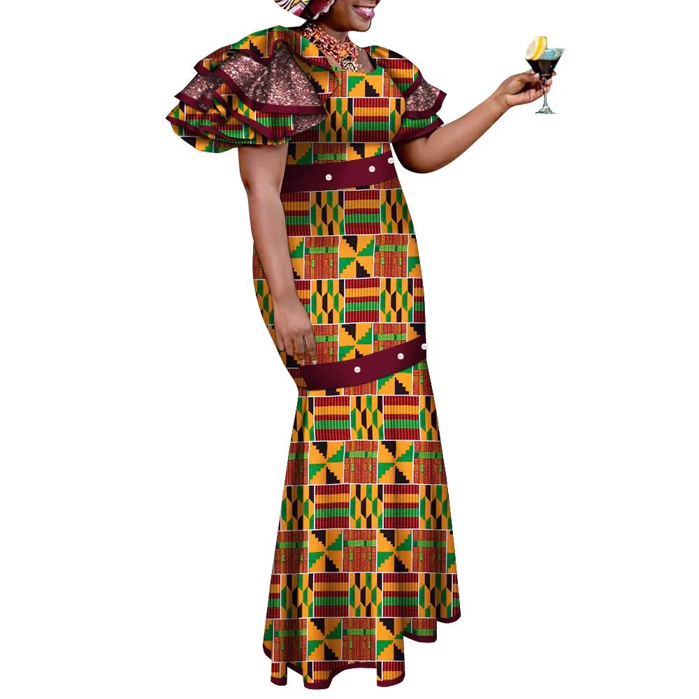 BintaRealWax African Women Dresses Pearls Africa Cotton FabricDress Boho Style Long Party Dresses Vestidos WY9718