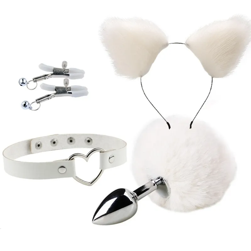 Plug Smooth Touch Cute sexy Toy Adult Game Foxes Tail Butt Heart Collar Breast Clamp with Ear Hairhoop