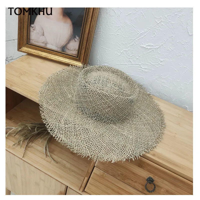 Chapeau de plaisancier en jonc de mer tissé effiloché pour femmes, casquettes de plage décontractées, chapeau d'été à large bord, chapeaux de paille unisexes pour voyage 220607246O