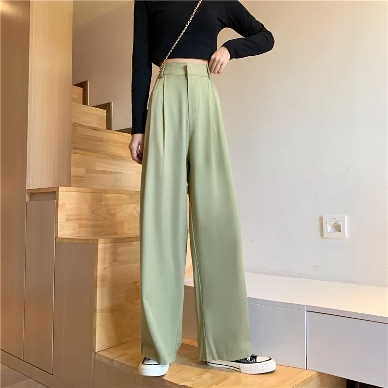 5 Tamanhos Straight Office Senhora Estilo Perder Wide Perna Pant Basic Sólida Sólida Rua Simples Fino Outono Mulher Calças 220325