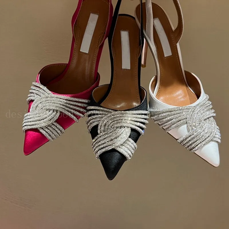 Kvinnor klädskor höga klackar gnistrande kristall sexig strass sandal riktiga läder sandaler slingback high-heel designer stilettos pumpar mode lyxig bröllopssko
