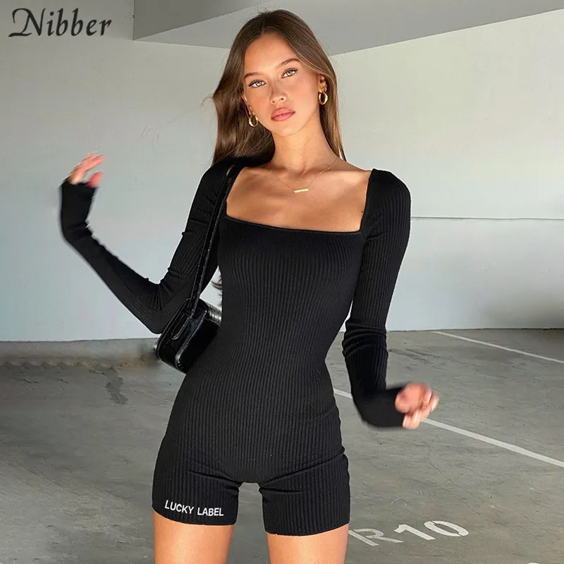 Nibber high street casual tricot combishorts femme été noir simple stretch Slim élégant combinaison courte pure Active Wear 220801