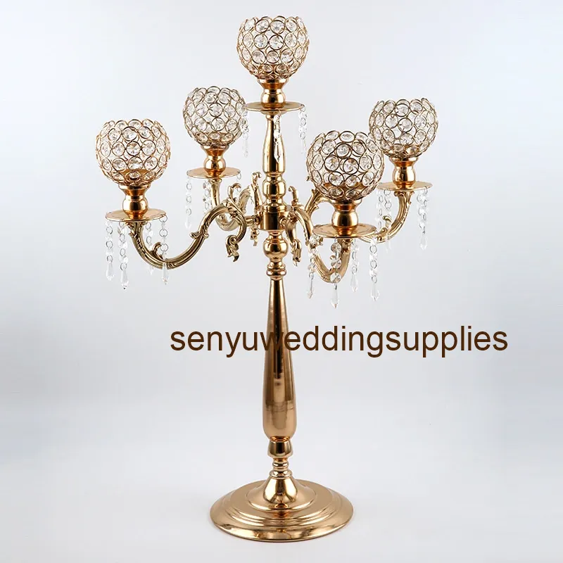 European elegant new tall 5 arms wedding gold crystal candelabra for wedding decoration centerpiece senyu1335