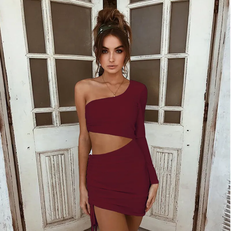 Solid Sexy Hollow Out Bandage Hip Wrap Rok Een Schouder Lange Mouw Bodycon Jurk Outfits Club Night Party Jurken vestido 220509