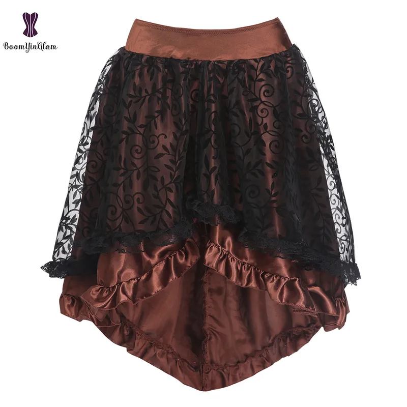 Plus Storlek Victorian Asymmetrisk Ruffled Satin Lace Trim Gothic Skirt Corset Vintage Steampunk 937 # 220401
