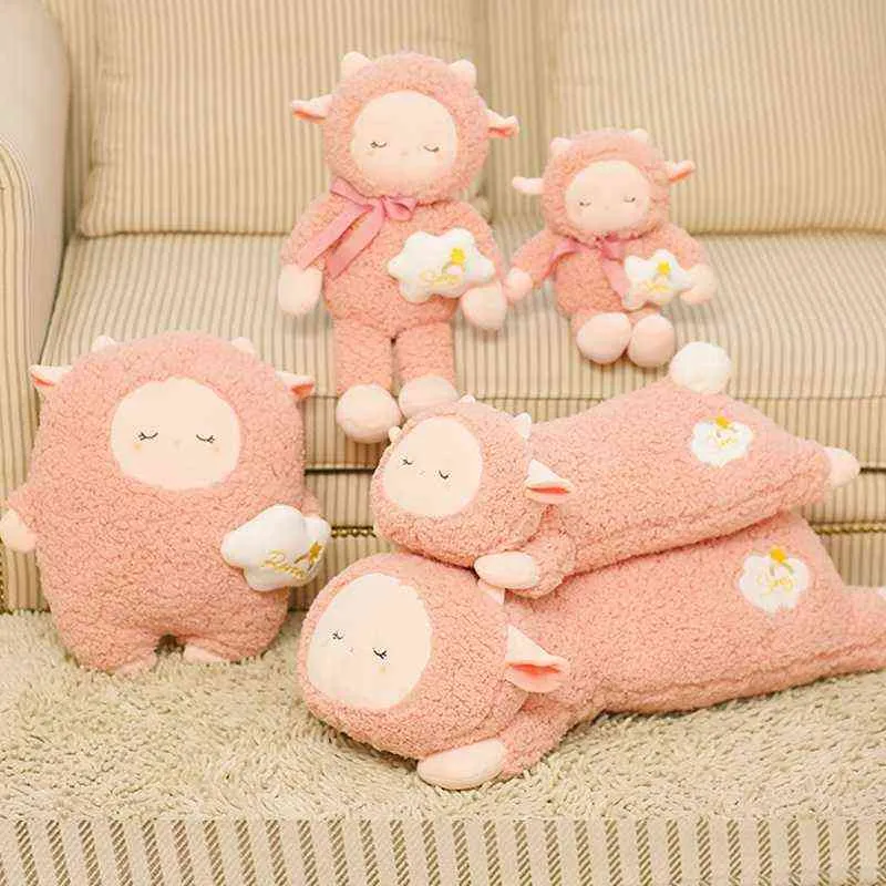 Peluche d'agneau endormi rose doux, super mignon, décor de nuage arc-en-ciel rempli d'animaux de dessin animé, oreiller de mouton pour enfants, anniversaire d'école J220704