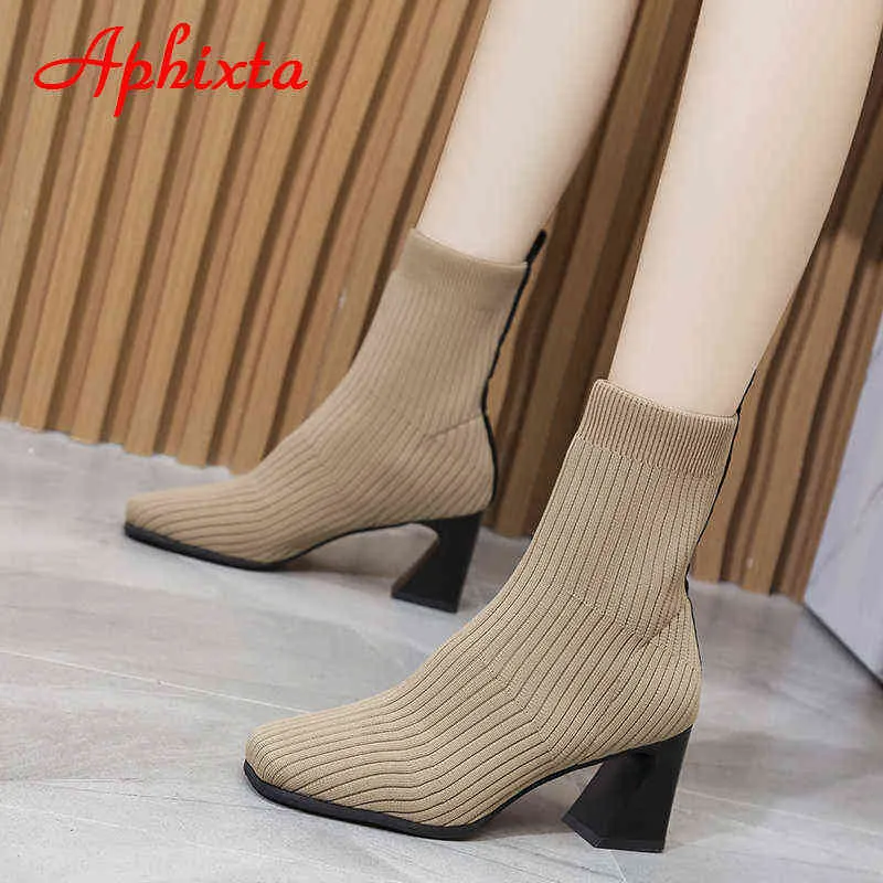 Aphixta 2022 Spring Socks Boots Women Stretch Fabric Elastic Square Heels Comfortable Ankle Boots Shoes Woman Big Size 43 Boats Y220729