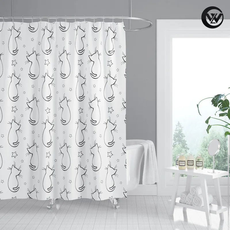 Fashion Printed Peeking Cute Black Cat White Geometry Shower Curtain, Mildew Resistant Waterproof Bathroom Accessories Sets 220429