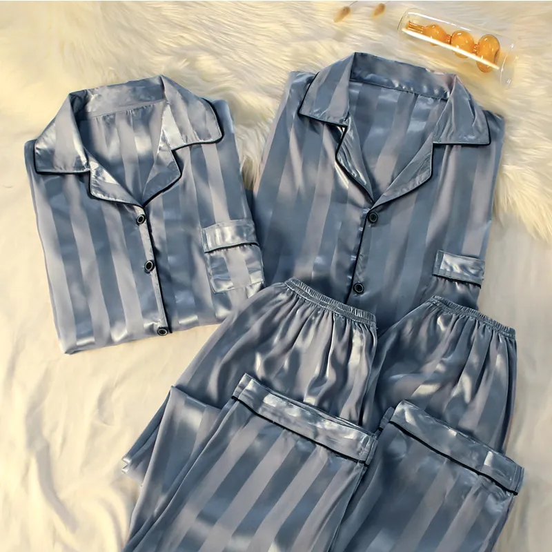 Conjuntos de pijamas de alta calidad de lujo de seda para mujer pijama primavera otoño manga larga cardigan conjunto moda seda de hielo ropa para el hogar 220712