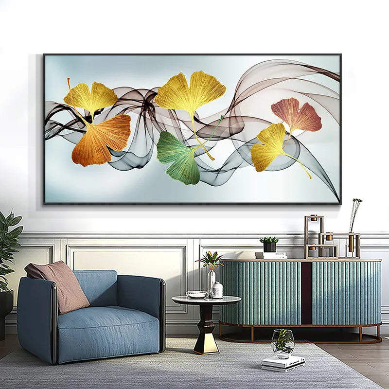 キャンバスのイチョウの葉と羽毛印刷絵画北欧のポスターウォールアート写真リビングルームの家の装飾