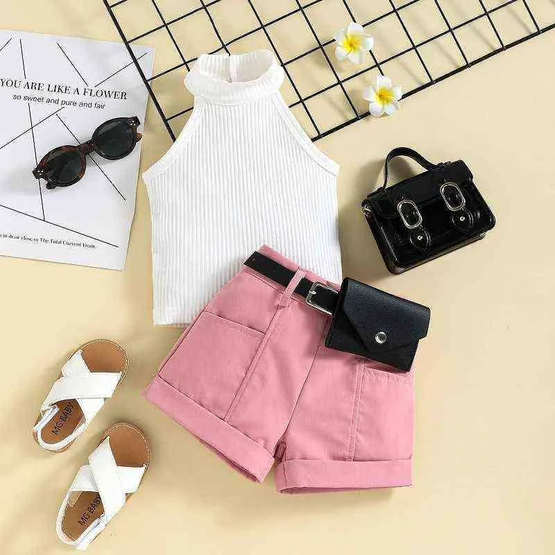 Mädchen Anzüge Sommer Baby Kleidung Mädchen Pit Streifen gestrickt Neckholder sexy Weste Tops weibliche Baby Tasche Shorts Taschen Anzüge G2205215981308