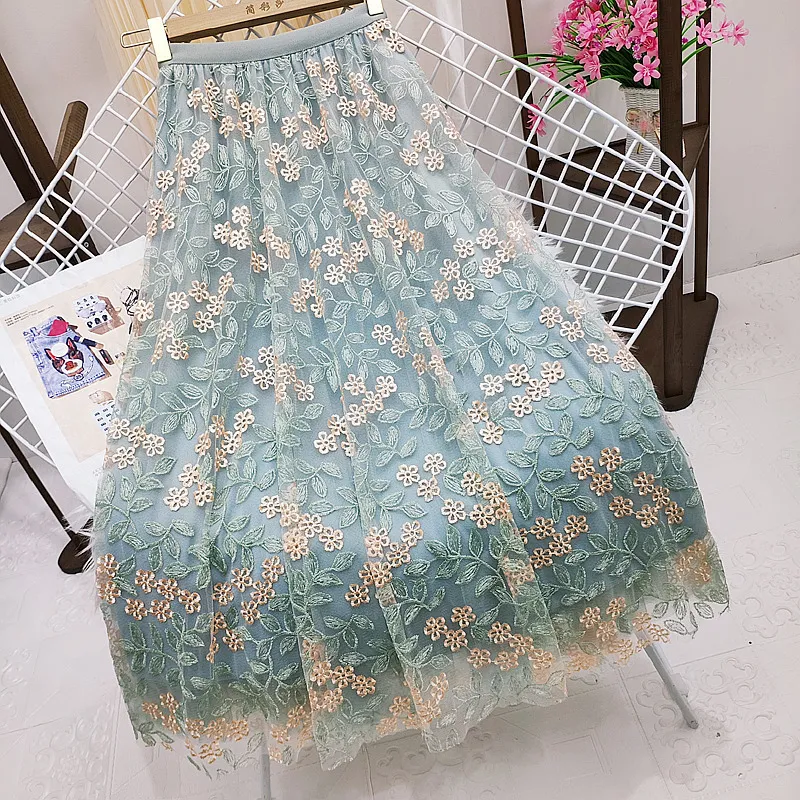 Guilantu Summer Embroidery Floral Mesh Long Skirt Women Elastic High Waist A Lien Tulle Green s Korean Casual Tennis 220317