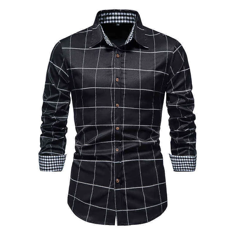 Boute Western à plaid noir Men de marque Brand Slim Fit Long Mans Mens Shirts Business Work Casual Chemise Homme xxl L220704