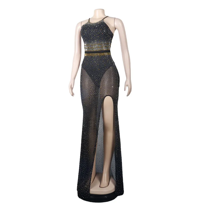 CM.YAYA Dimonds Rhinestones Black Mesh See High Side Split Dress for Women Summer Sexy Night Party Long Mermaid Dresses 220516