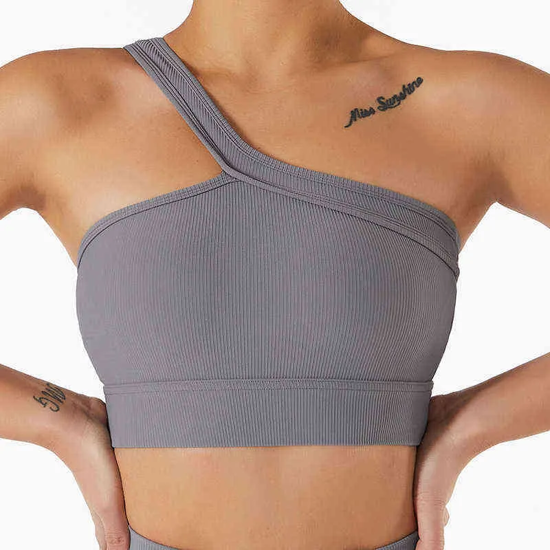 HAMYNANA Sexy Halter Sportbeha Een Schouder Sport Bras Voor Vrouwen Geribbelde Yoga Padded Top Gym Workout Draadloze Fitness tank Tops T220725