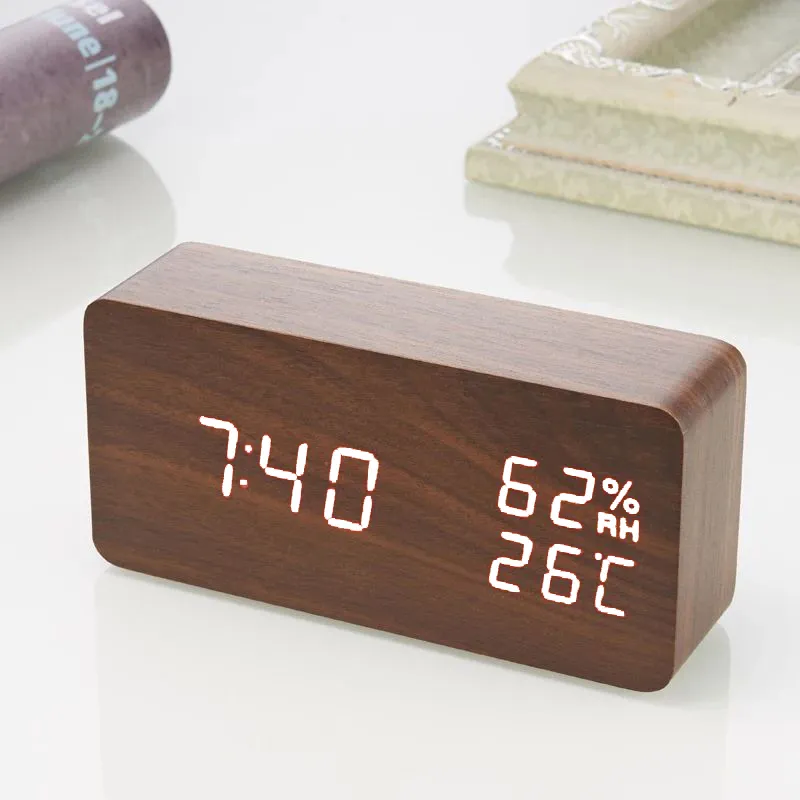 USB/AAA Clocks LED Wooden Alarm Clock Watch Table Voice Control Digital Wood Despertador Electronic Desktop Table Decor 220507