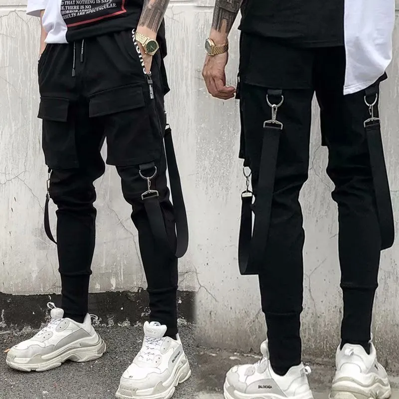 Moda Slim Fit Pants Men Streetwear Ribbon Harajuku Cargo preto para calças casuais de roupas de tecnologia Japão Kpop Male calça 220719