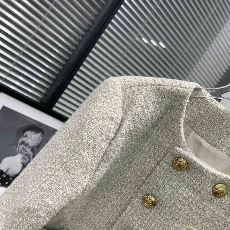 small fragrance celebrity style short gold button gray green tweed women's wool coat spring new
