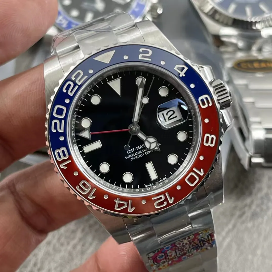 Clean Watch Herrenuhren 3186 ODER 3285, zwei Uhrwerke, 40 mm, roter und blauer Keramikmund, Batman-Linkshänder B2235O