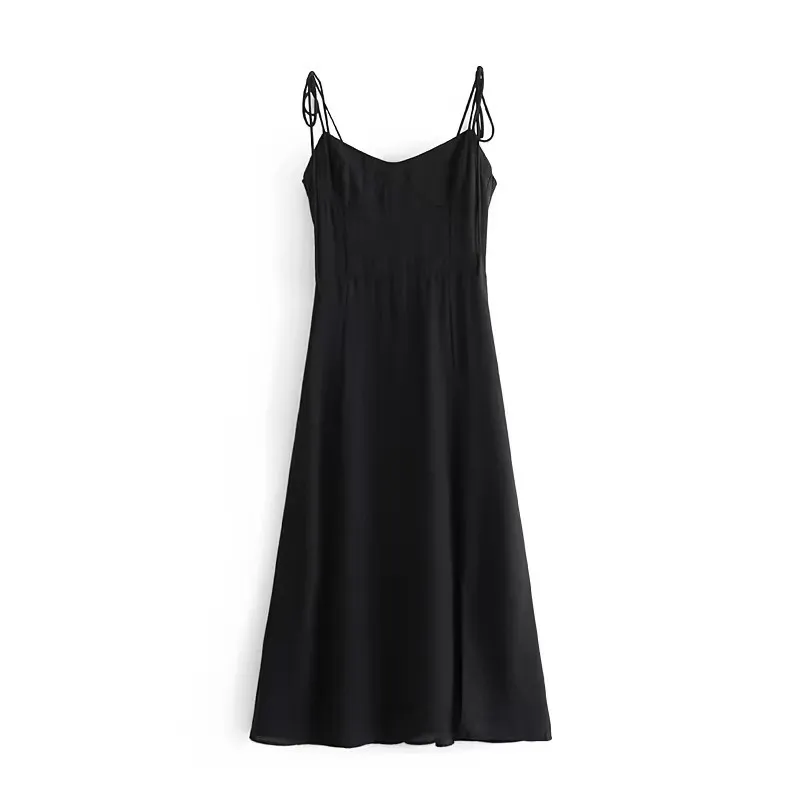 Robe française pour femmes, couleur unie, noir, bandage, laçage, bretelles Spaghetti, mi-mollet, fente latérale, vêtements de fête, mode féminine, 220511