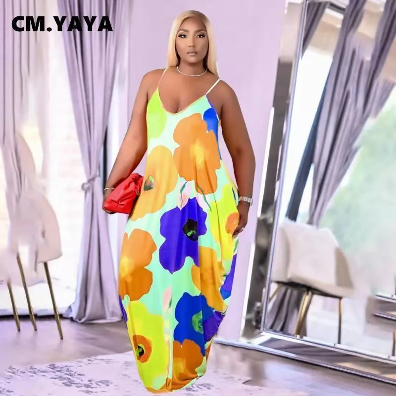 CM.YAYA Women Plus Size Dress Print Sleeveless Strap V-neck Loose Long Maxi Dress with Pockets Fashion Vestidos Summer Outfits 220516