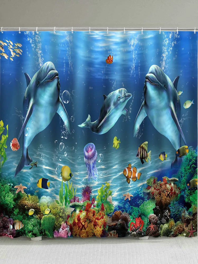 Dolphin Shower Curtain Cute Marine Animal Blue Sea Water Wave Scenery Bathroom Decoration Cloth Hanging with Hook 220429