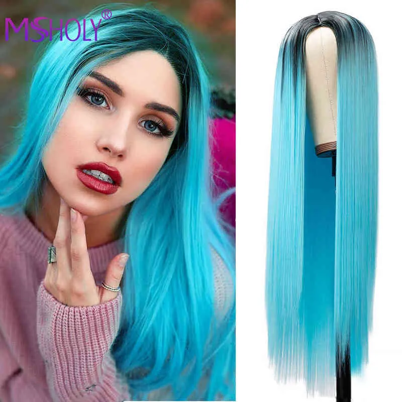 Perruque synthétique longue et lisse rose ombrée pour femmes, noir, blanc, violet, bleu, rouge, blond, cosplay, Msholy 220622