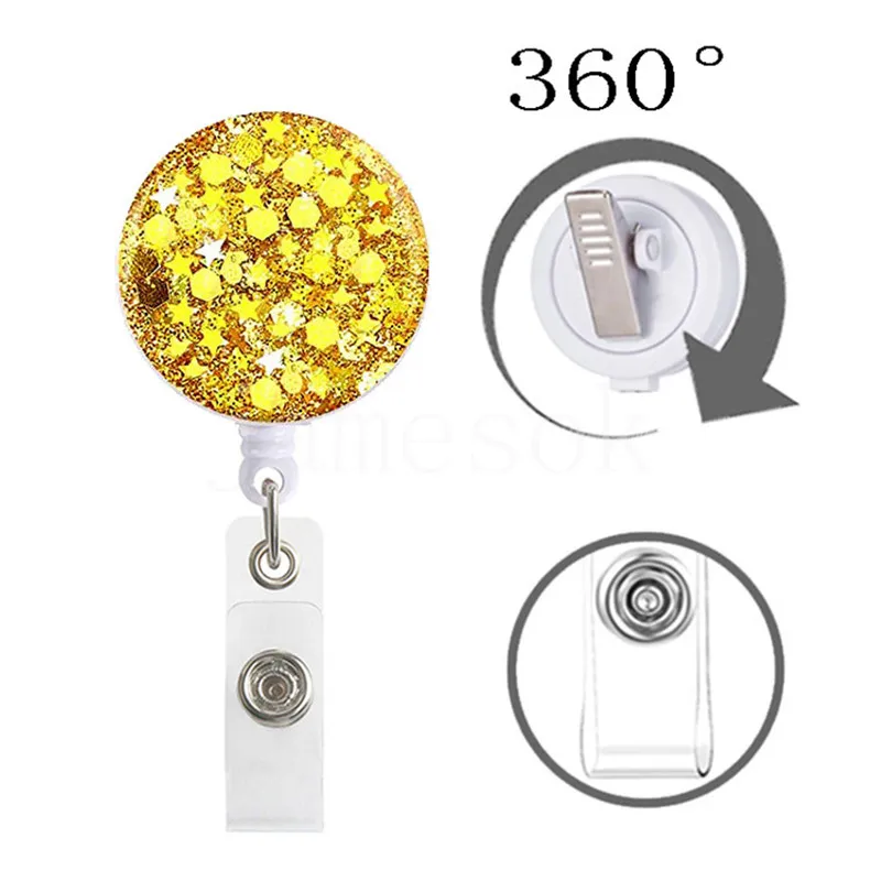 Badge Reel Sequin Keychains round easy pull buckle ID Badges Holder rotary alligator clip Badges-scroll DE284