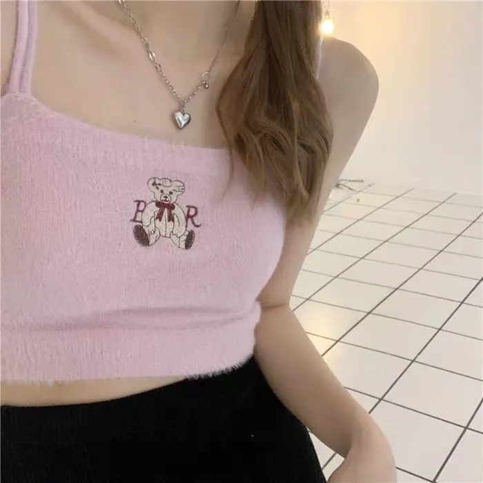 bear embroidery crop tops sexy knitted spaghetti strap tanke top off shoulder sleeveless camis for women slim fit camisole 220607