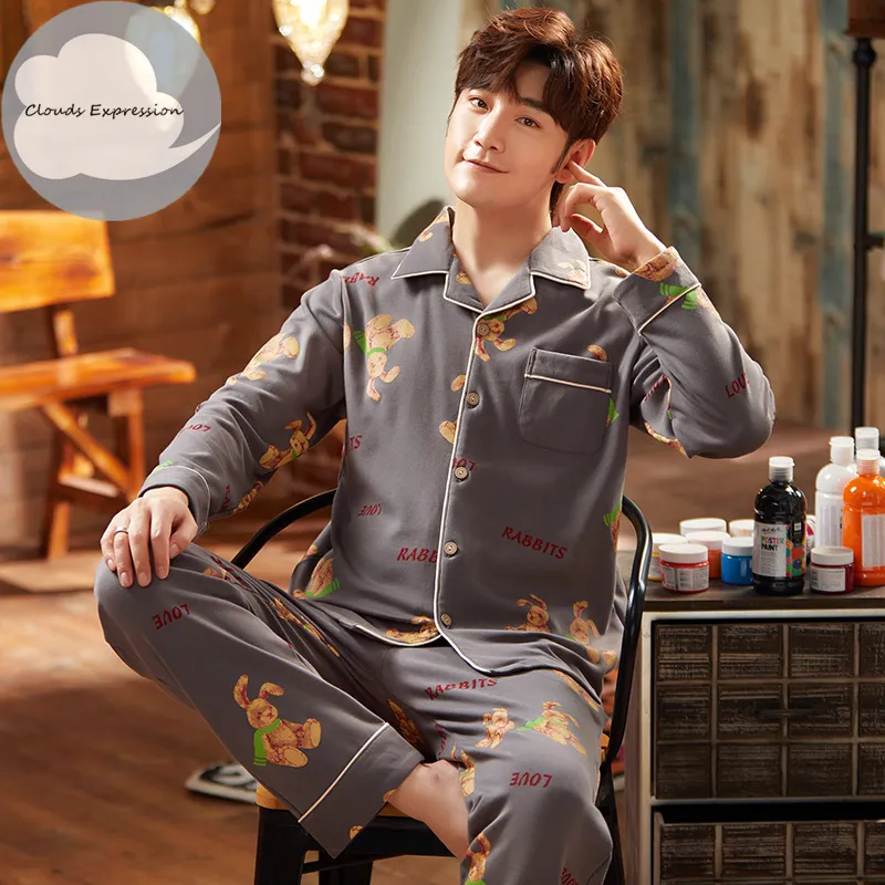 Spring Autumn Sticked Cotton Cartoon Men's Pyjamas Striped Pyjamas Set Casual Male Sleepwear Pyjamak Night Pijamas 3xl Homewear 220511